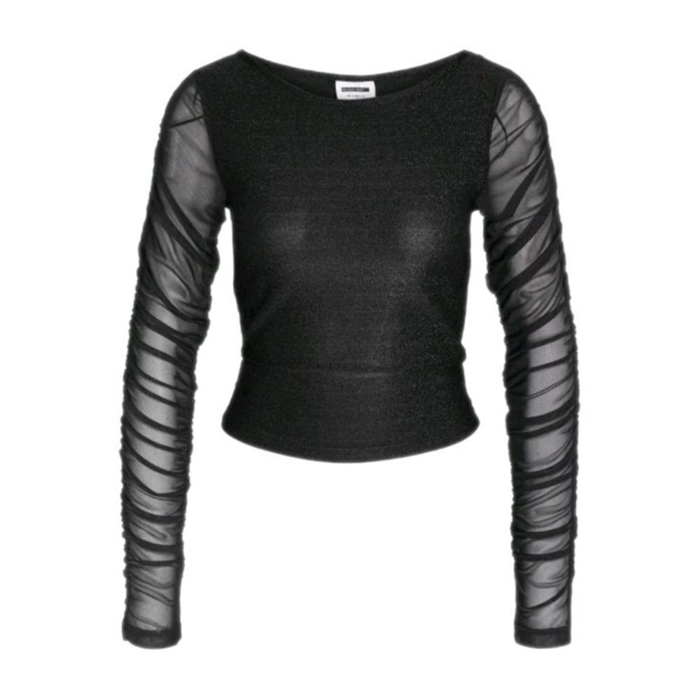 Noisy May Black Sheer Sleeve Long Sleeve Top Small Metallic Cropped Blouse Shiny